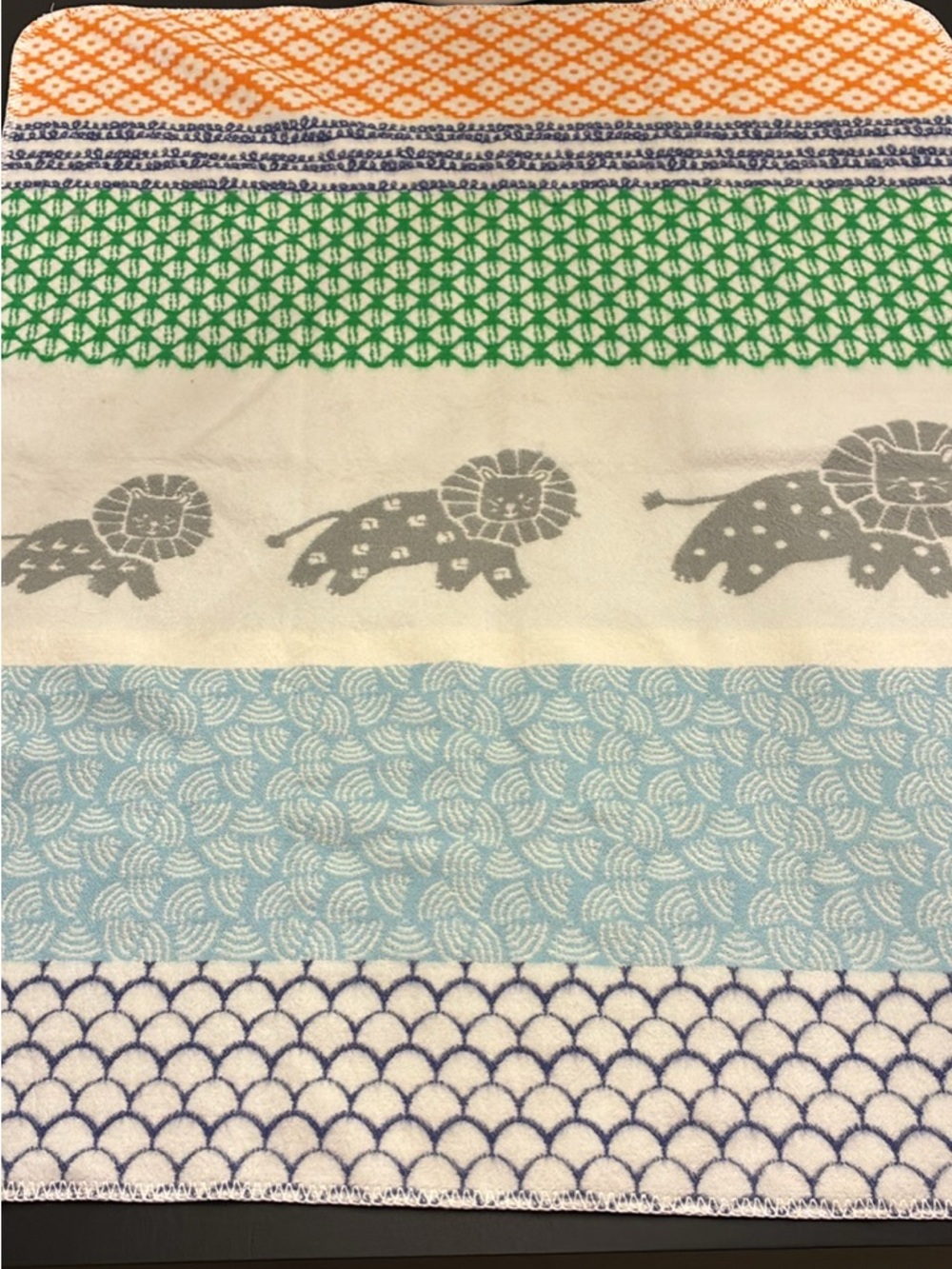 Pottery Barn Striped Multicolor Lion Print Baby Blanket- Green, Gray, Yellow